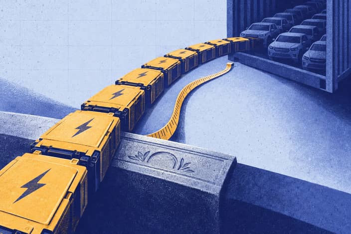Editorial illustration of Hybrid battery arc surpassing a record threshold beside an imprecise share measure.