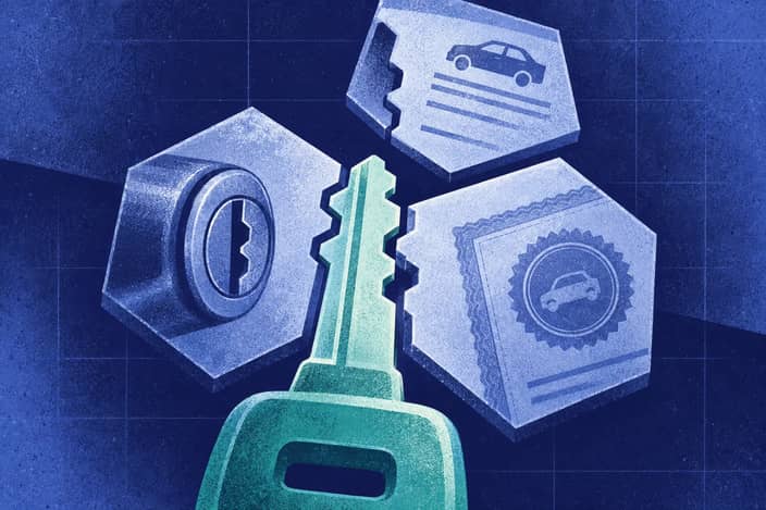 Editorial illustration of Cut metal key linking vehicle, title, and history impressions.