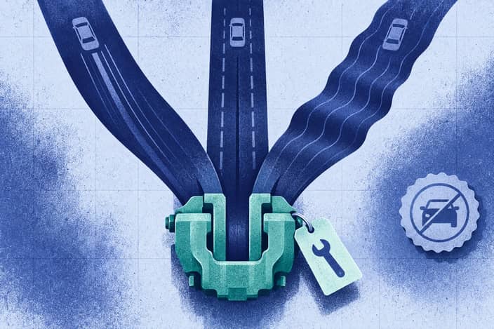 Editorial illustration of Brake caliper separating acceleration, braking, ride, and recall checks.