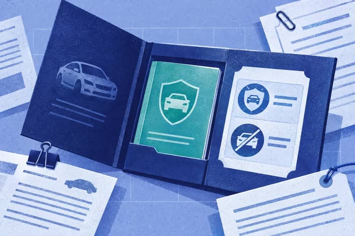 Editorial illustration of Warranty booklet nested within dealer and local transfer paperwork.
