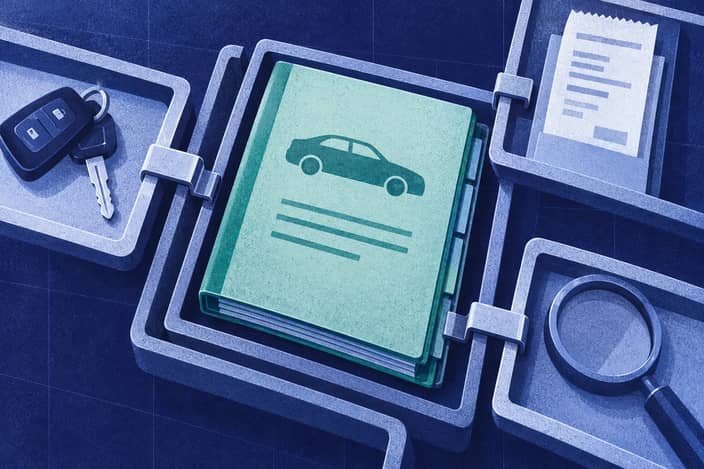 Editorial illustration of Central dealership ledger enclosed by separate, loosely connected software modules.