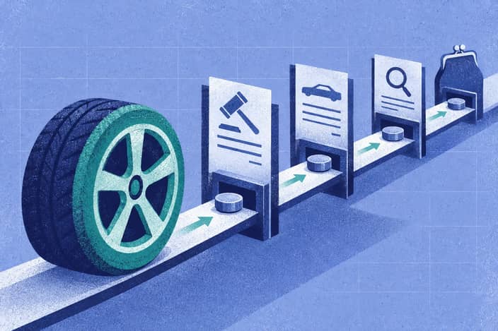 Editorial illustration of Single vehicle test moving tokens from auction sourcing through inspection to settlement.