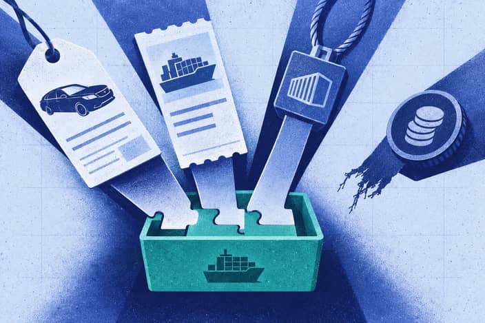 Editorial illustration of Inventory, booking, shipping and payment streams merging toward one export record.