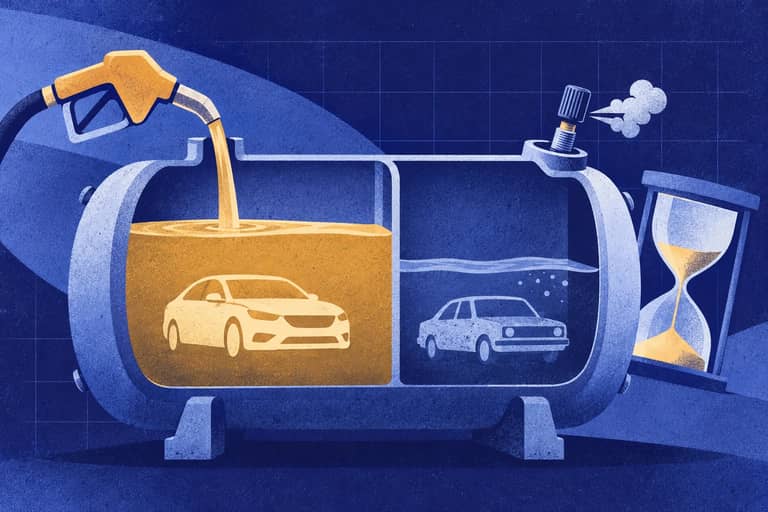 Editorial collage of Cutaway export tank with filling new-car chamber, leaking used-car chamber, and askew hourglass separating monthly total from daily pace.