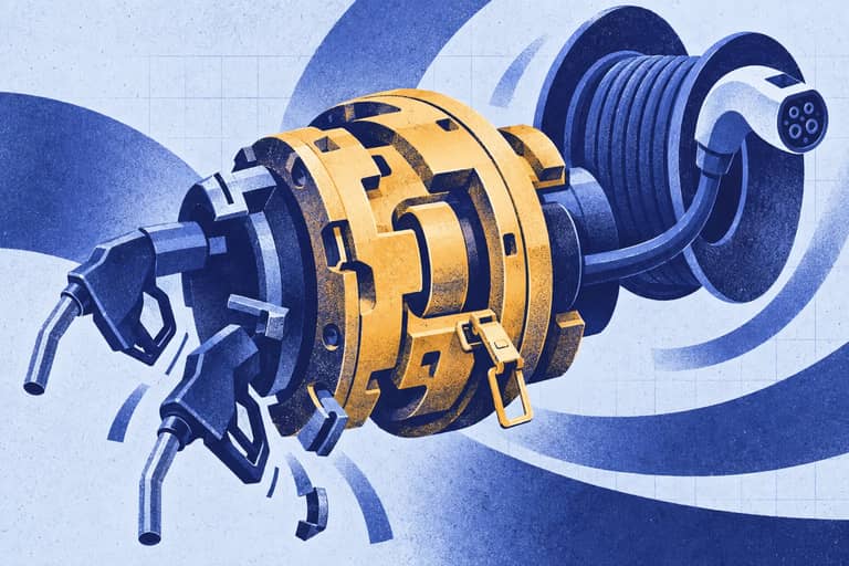 Editorial collage of Oversized hybrid drivetrain coupling driving a charging-cable spool as petrol and diesel nozzles disengage.