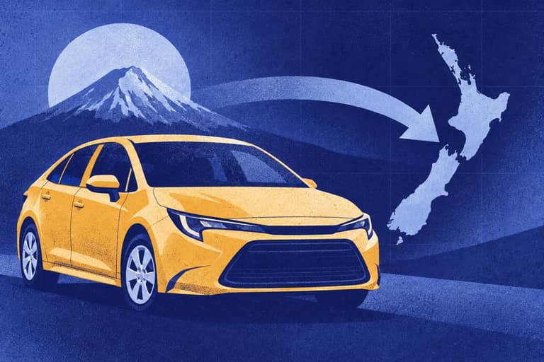 Editorial cover illustration for "New Zealand Used-Car Imports Rose 29.8% in September 2026".