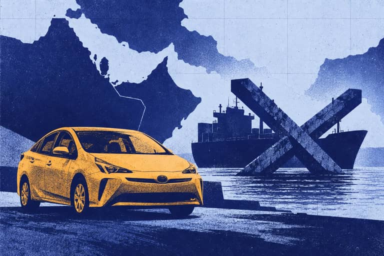 Editorial cover illustration for "Japan's Used-Car Exports to the UAE Fell 72% Through August 2026".