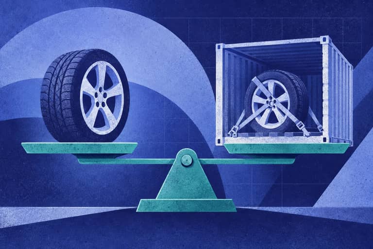 Editorial collage of Level cargo scale balancing a rolling wheel against a cutaway container holding a lashed vehicle wheel.