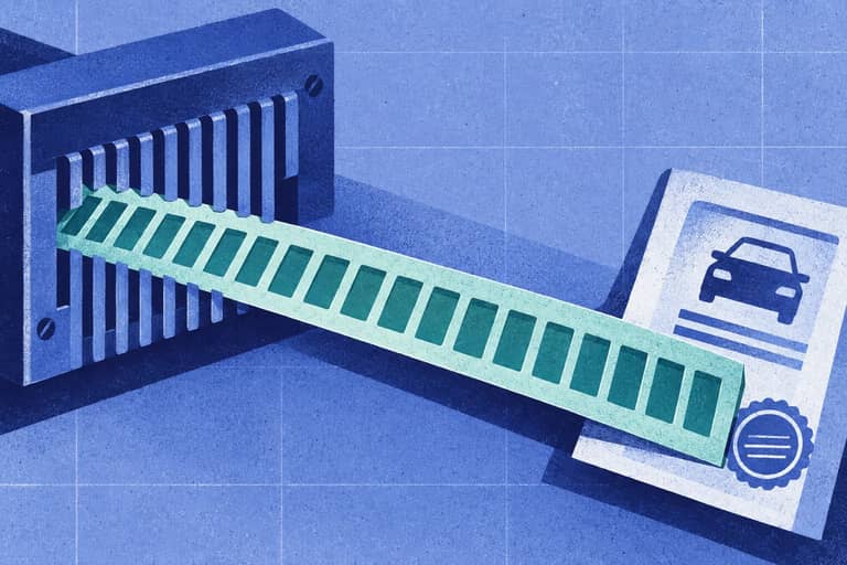 Editorial collage of Segmented VIN registration strip passing through a verification comb and resting on an uncertain certification label.