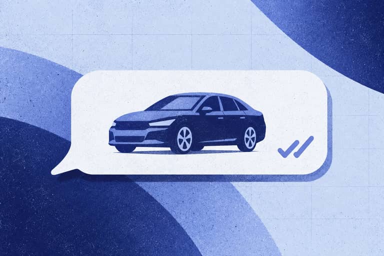 A single WhatsApp message bubble floating alone, with a small car icon inside it and a green double check mark in the corner. The bubble   is the whole image: one message, one car, delivered.