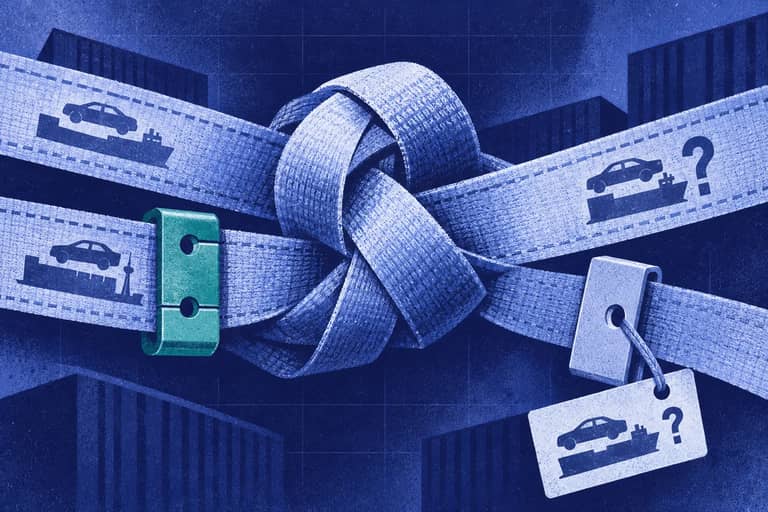 Editorial collage of Cargo-lashing knot joining confirmed and uncertain port-date seals with an offset arrival tag.