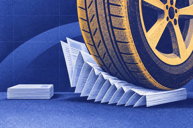 Editorial collage of Car wheel compressing partly rebounding registration-paper folds beside a steady paper bundle.