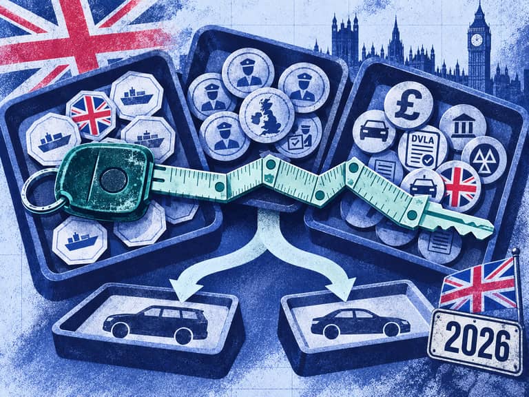 Editorial collage of Transformed vehicle key measuring layered import charges across two route-specific trays.