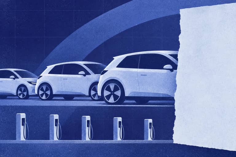Editorial collage of Battery-electric cars passing an incomplete coverage screen above a growing row of public charging posts.