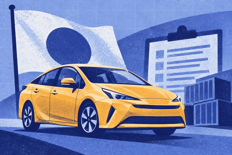 Editorial cover illustration for "Japan Used Car Export Statistics: August 2026 Rebound".