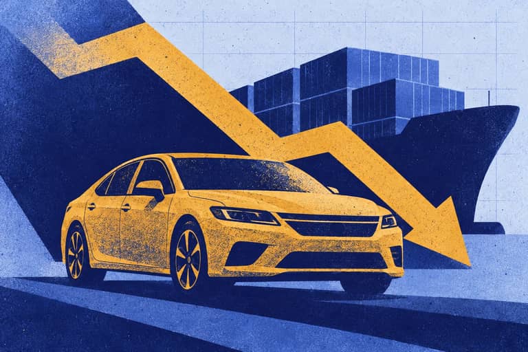 Editorial cover illustration for "U.S. Car Export Statistics: Automotive Exports Fell in August 2026".