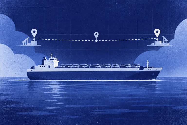 a cargo vessel seen from the side on a calm horizon, with three small markers along its route. One marker sits at the port of departure, one at the port of arrival, and one sits on the arrival date between them. The three markers are the three alerts.