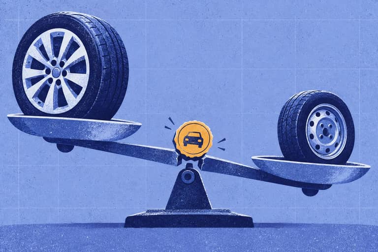 Editorial collage of Split balance scale holding a standard car wheel and kei wheel in opposite motion, joined by an unstable registration seal.