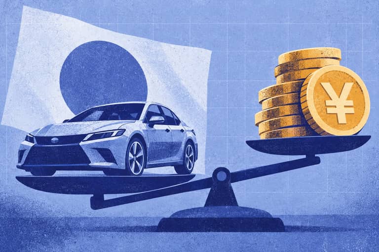 Editorial cover illustration for "Japan Car Export Statistics 2026: September Value Rises 15.1% as Volume Dips".