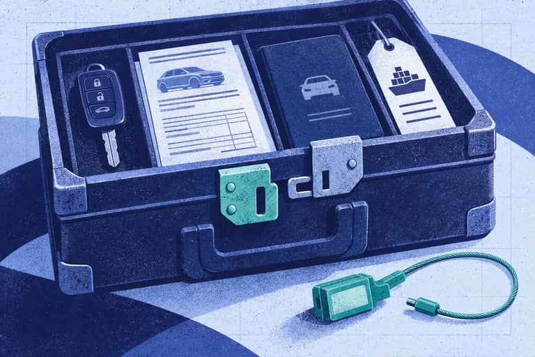 Editorial collage of Cutaway export document case with mismatched shipment locks and unattached customs seal.