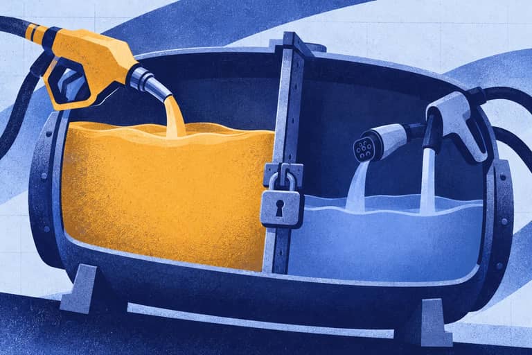 Editorial collage of Partitioned registration vessel with hybrid nozzle outweighing separate battery-electric and plug-in charging nozzles.
