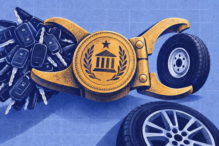 Editorial collage of Split customs seal gripping incoming car keys and loosening around an export wheel beside a mismatched all-vehicle wheel.