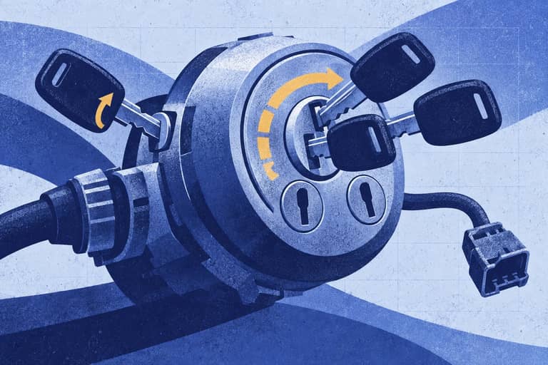 Editorial collage of Cutaway ignition cylinder with three advancing keys, one resisting key, and disconnected sales and export cables.